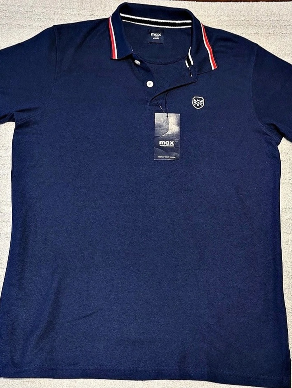 max Men’s Solid Navy Short Sleeve Button Polo Shirt L Regular Slim Fit NWT